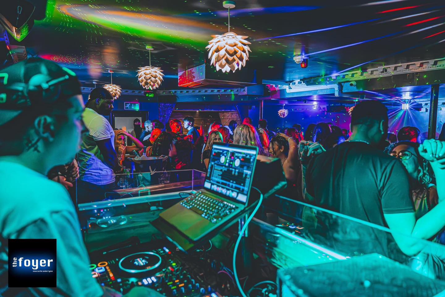 The DJ booth and dancefloor at The Foyer